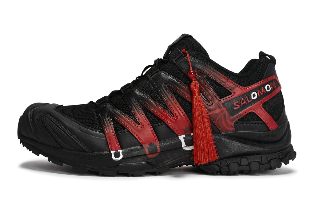 Salomon XA Pro 3D La Yaute × 811 Manufacturing CNY Limited Edition Unisex Outdoor Shoes – Black, Red & Silver with Tassel Detail